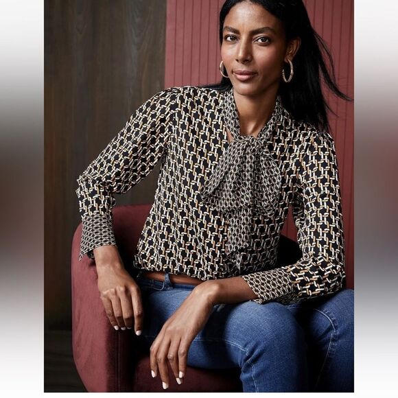 Chicos Chain Geometric Top Blouse Removable Scarf Chicos 2P Large 12/14 - Picture 1 of 10